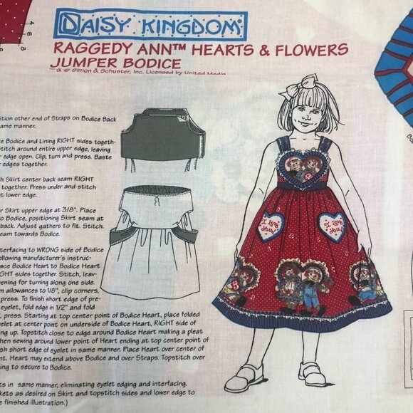 Daisy Kingdom Raggedy Ann Hearts and Flowers Jumper Cut and Sew Fabric Sizes 4-8 - Picture 2 of 7